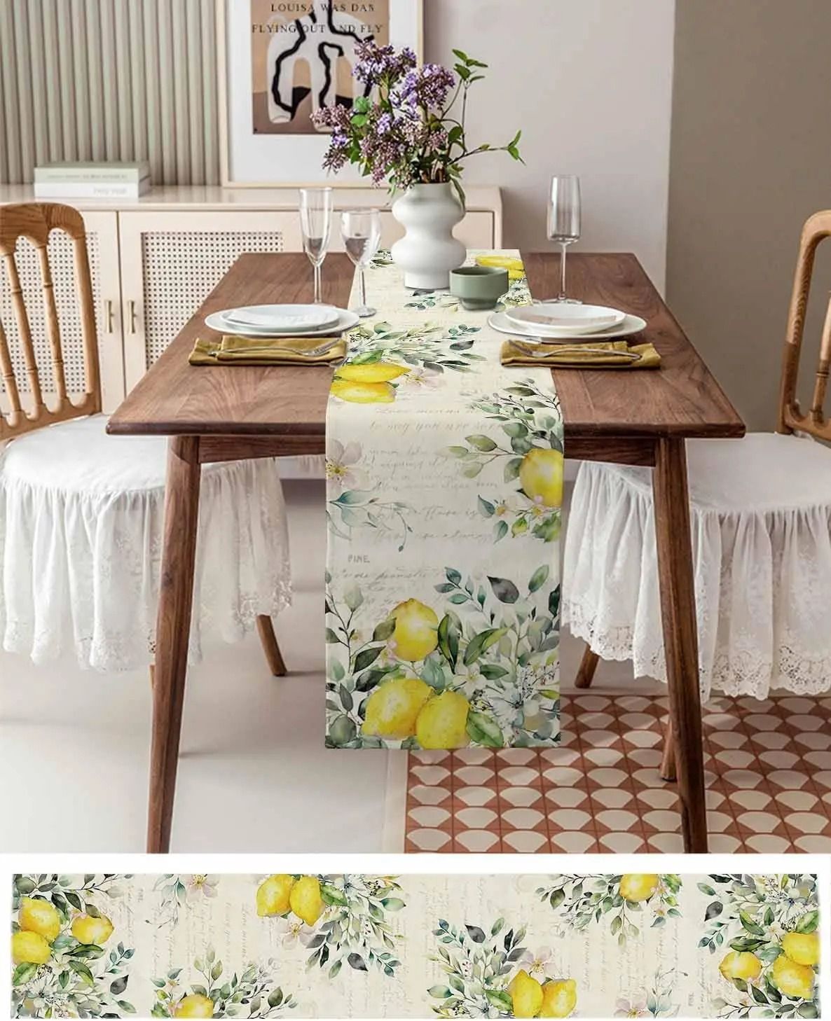 Eucalyptus Lemon Linen Table Runner Fresh Floral Dining Decor