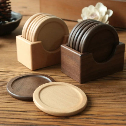 Premium Walnut Wood Coaster Set | 6-Piece Round Japanese Insulated Beverage Mats