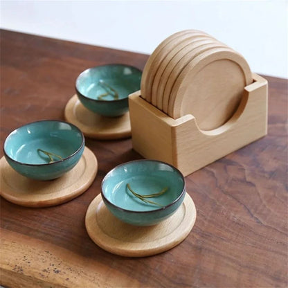Premium Walnut Wood Coaster Set | 6-Piece Round Japanese Insulated Beverage Mats