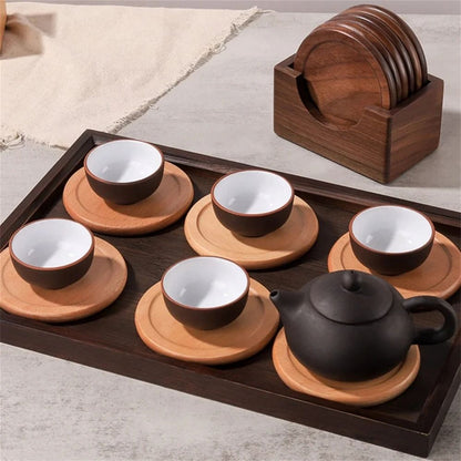 Premium Walnut Wood Coaster Set | 6-Piece Round Japanese Insulated Beverage Mats