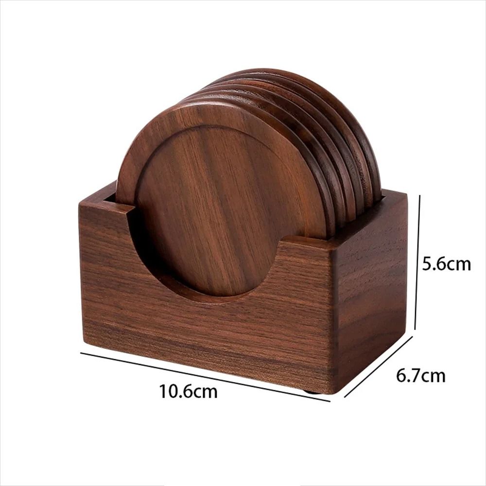 Premium Walnut Wood Coaster Set | 6-Piece Round Japanese Insulated Beverage Mats