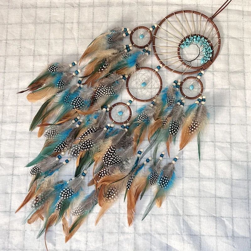Tree of Life Dream Catcher Wind Chime – Vintage Boho Hanging Decor with Natural Feathers