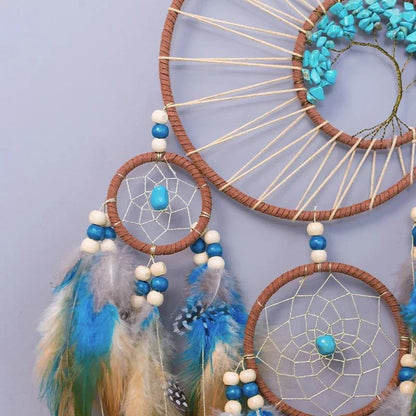 Tree of Life Dream Catcher Wind Chime – Vintage Boho Hanging Decor with Natural Feathers
