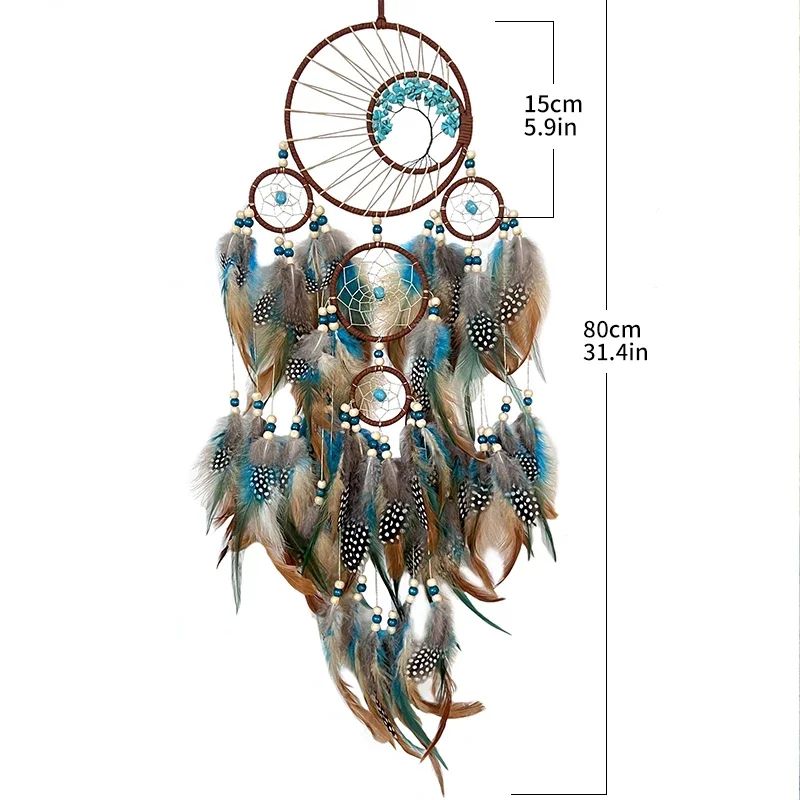 Tree of Life Dream Catcher Wind Chime – Vintage Boho Hanging Decor with Natural Feathers