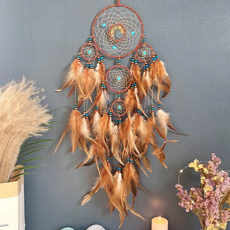 Tree of Life Dream Catcher Wind Chime – Vintage Boho Hanging Decor with Natural Feathers