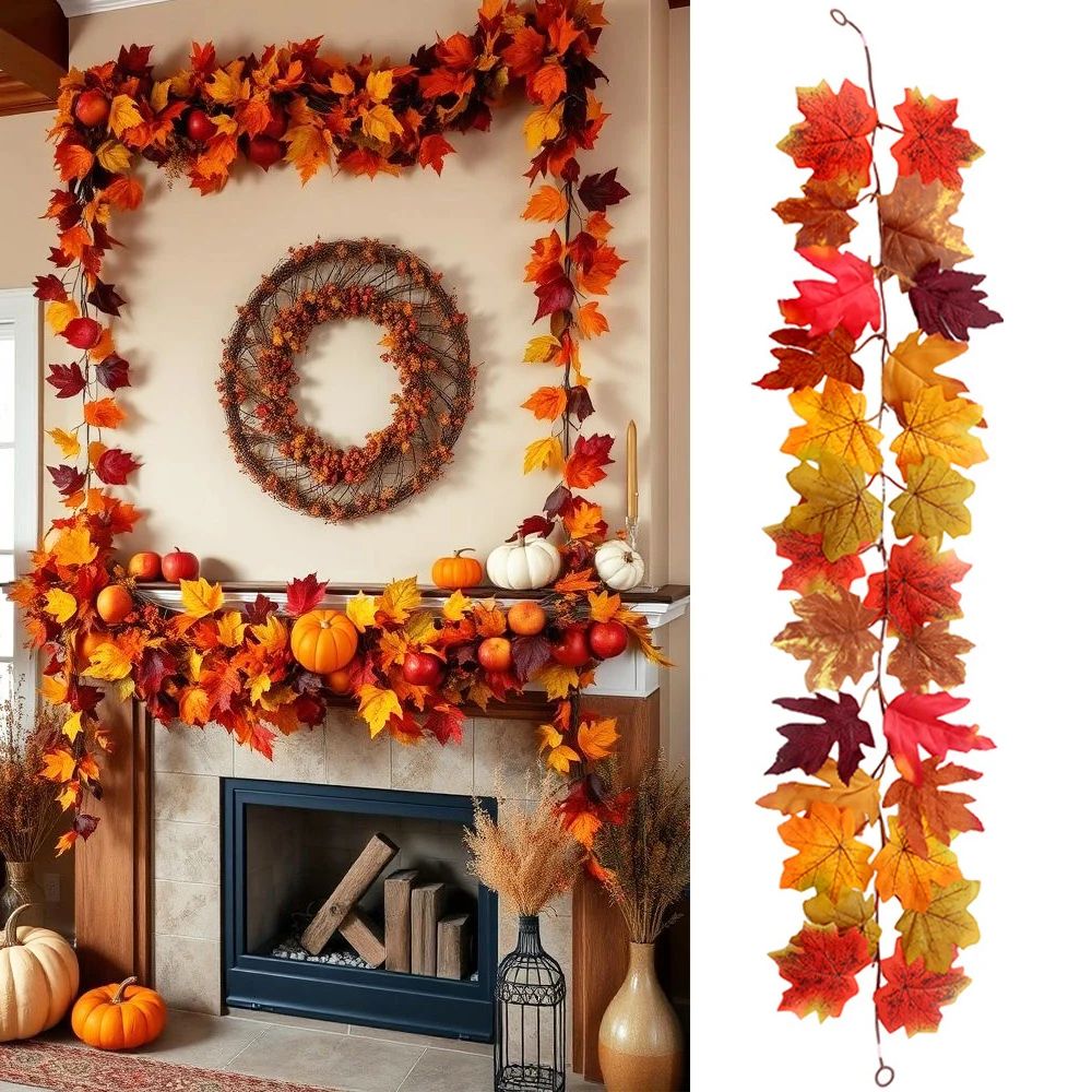 Harvest Glow Artificial Maple Leaf Garland for Fireplace, Wedding & Thanksgiving Decor