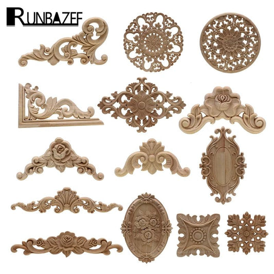 Vintage Floral Wood Carved Appliques – Natural Oak Decorative Furniture & Wall Trim Ornament