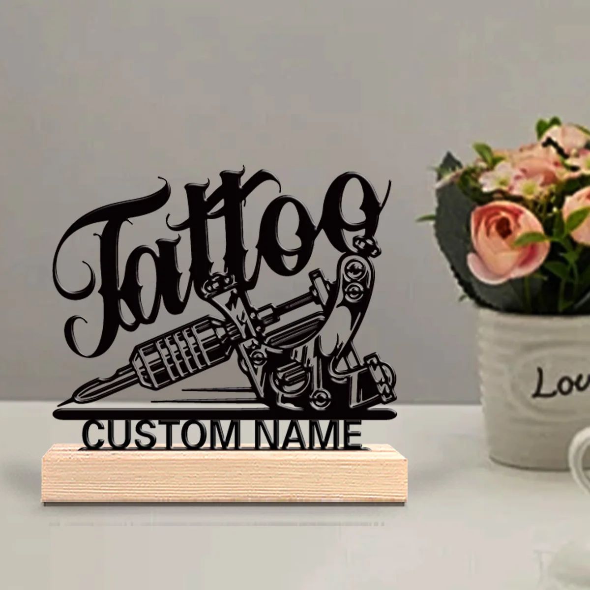 Personalized Tattoo Artist Metal Statue with Wooden Base