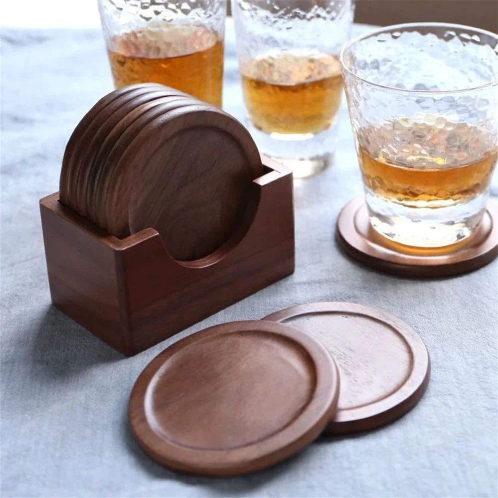 Walnut Wood Coasters Set – Elegant Round Coaster Set with Heat Protection for Everyday Living (6pcs set)