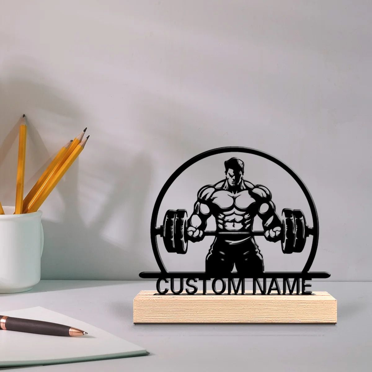 Personalized Weightlifting Metal Art Custom Gym Gift with Wooden Base