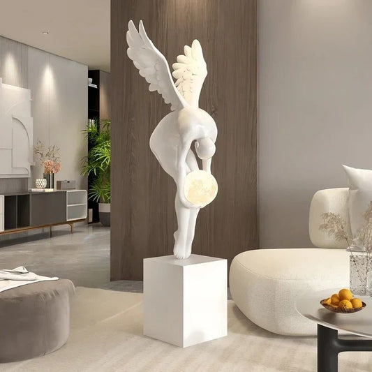 Nordic Winged Victory Floor Sculpture | 132cm Luminous Resin Statue & Modern Home Figurine