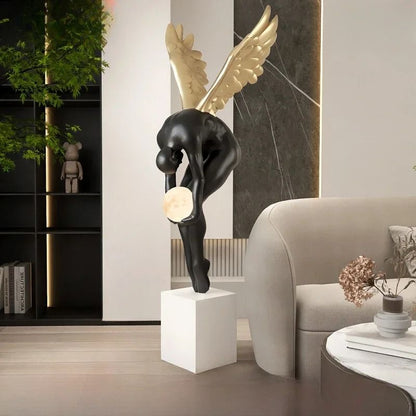 Nordic Winged Victory Floor Sculpture | 132cm Luminous Resin Statue & Modern Home Figurine