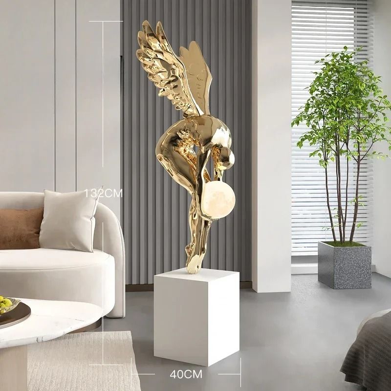 Nordic Winged Victory Floor Sculpture | 132cm Luminous Resin Statue & Modern Home Figurine