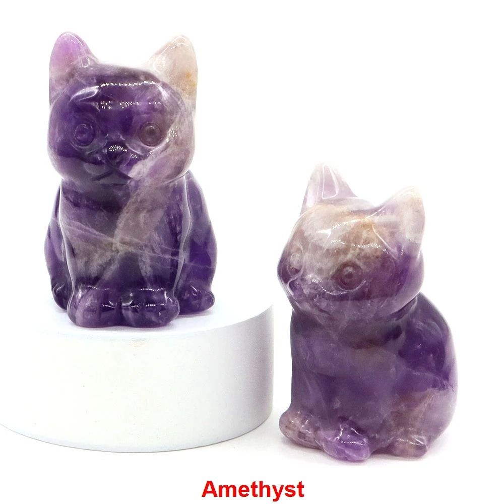 Natural Amethyst Crystal Cat Figurine Hand Carved Healing Stone Decor