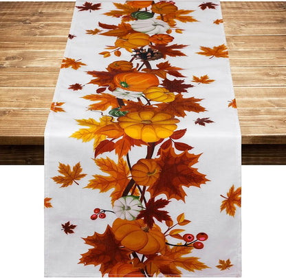 Harvest Pumpkin Maple Leaf Fall Table Runner for Thanksgiving Table Decor