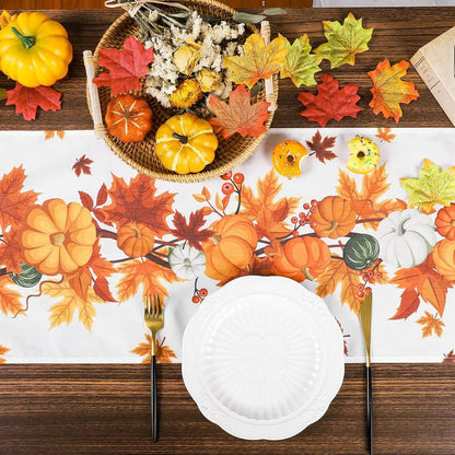 Harvest Pumpkin Maple Leaf Fall Table Runner for Thanksgiving Table Decor