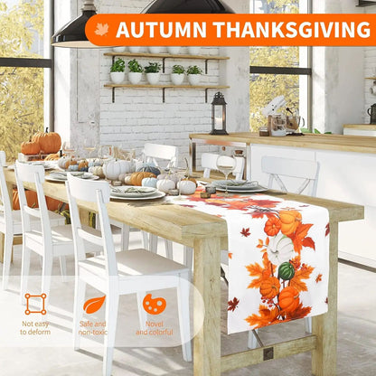 Harvest Pumpkin Maple Leaf Fall Table Runner for Thanksgiving Table Decor