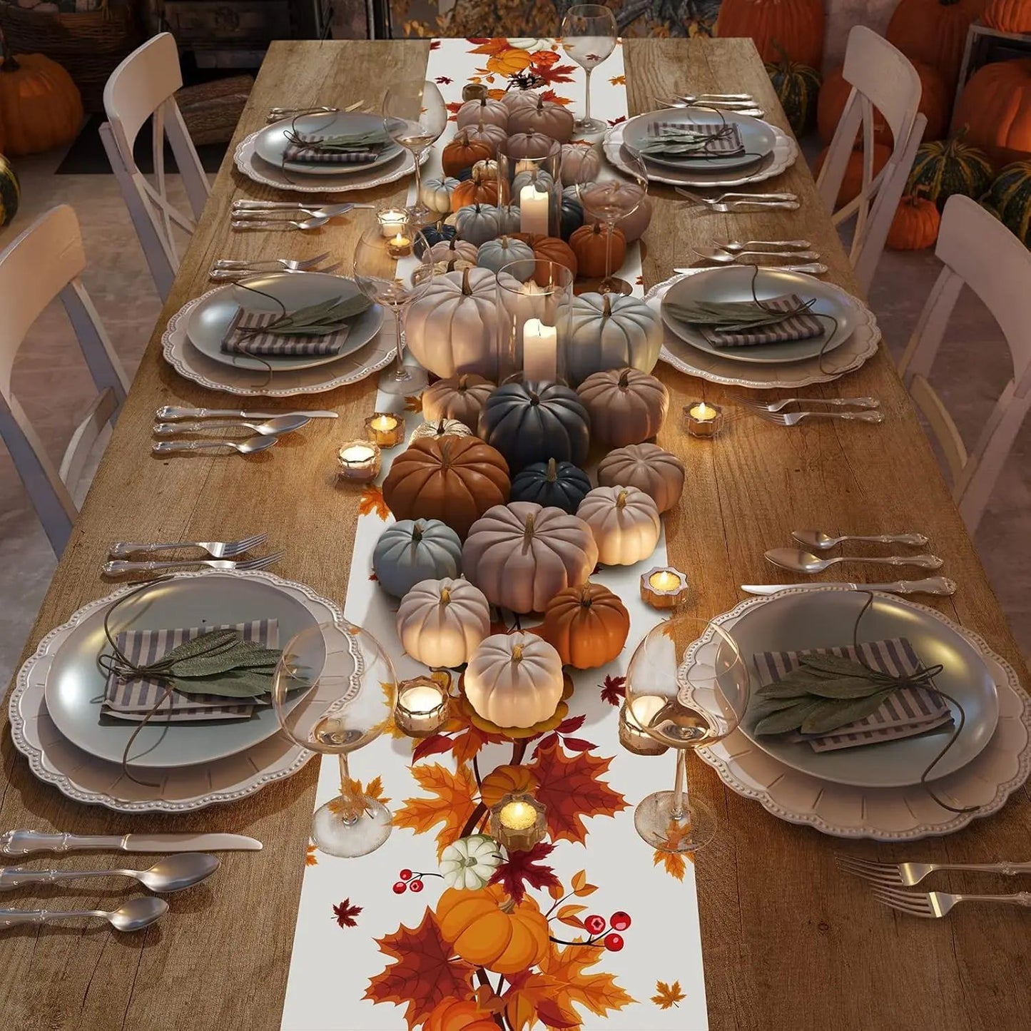 Harvest Pumpkin Maple Leaf Fall Table Runner for Thanksgiving Table Decor