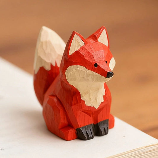 Hand-Carved Solid Wood Fox Figurine for Desk and Home Decor