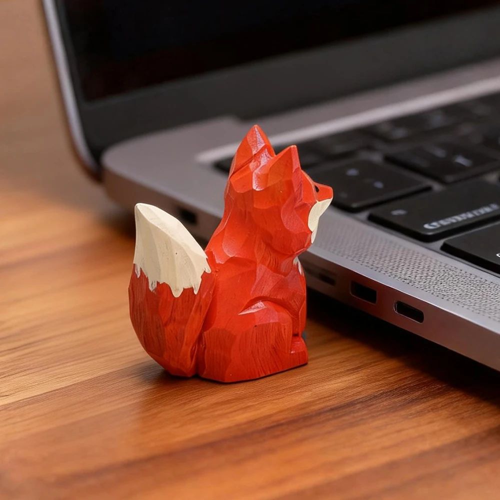 Hand-Carved Solid Wood Fox Figurine for Desk and Home Decor