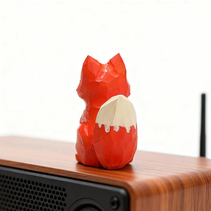Hand-Carved Solid Wood Fox Figurine for Desk and Home Decor