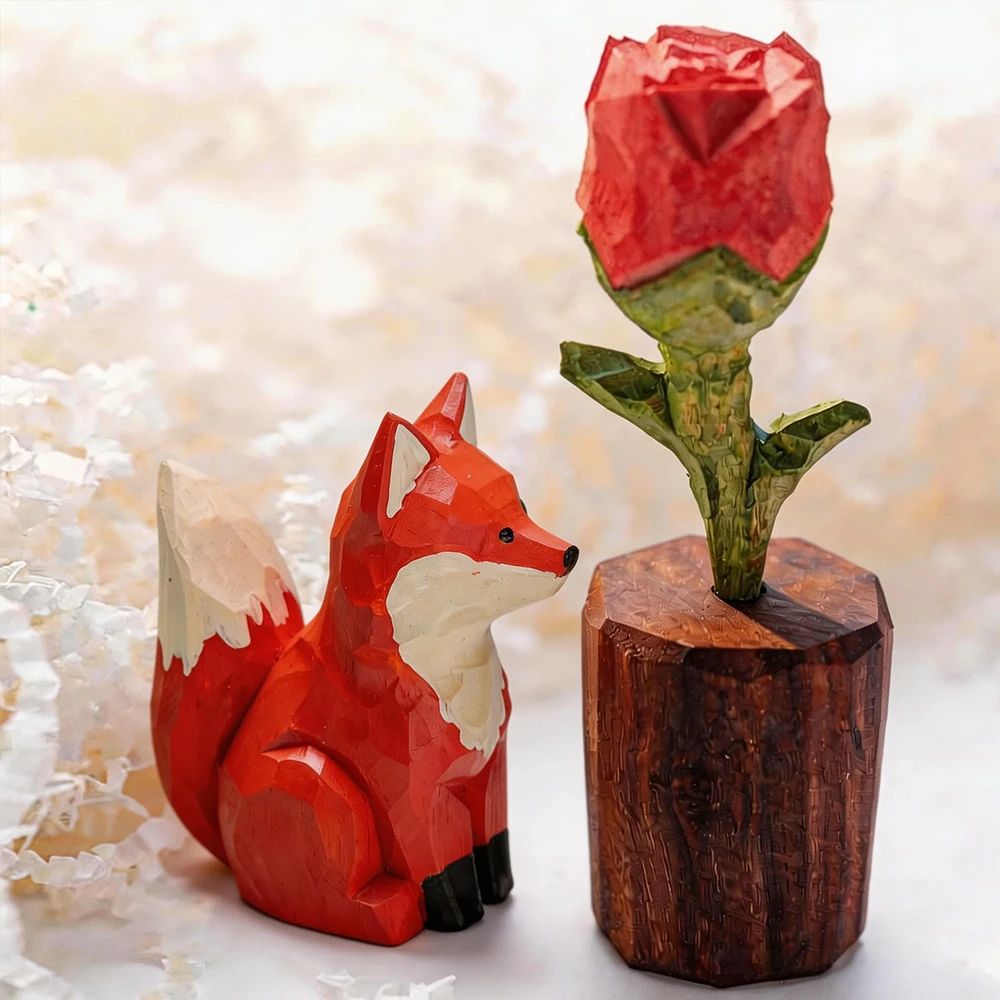 Hand-Carved Solid Wood Fox Figurine for Desk and Home Decor