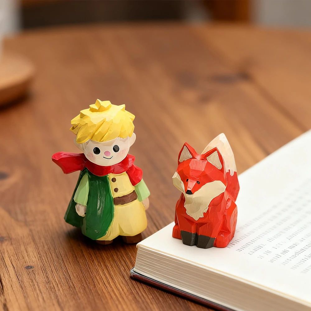 Hand-Carved Solid Wood Fox Figurine for Desk and Home Decor