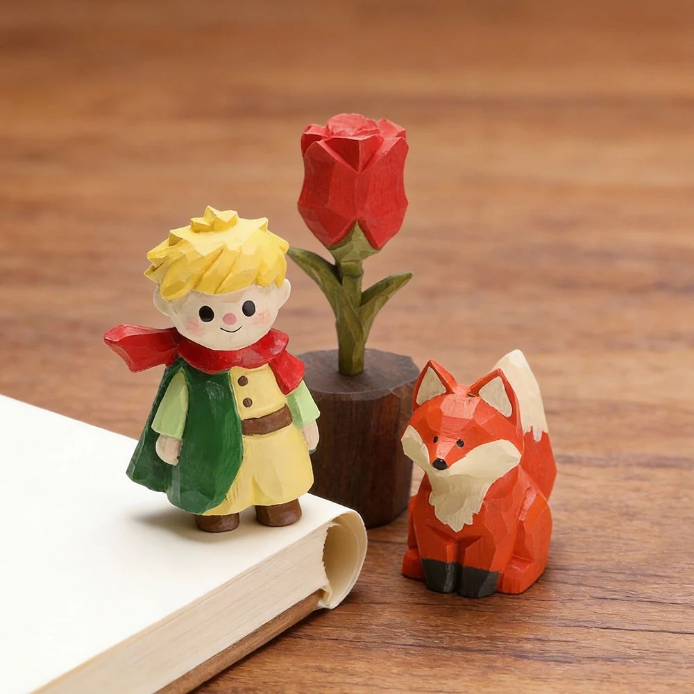 Hand-Carved Solid Wood Fox Figurine for Desk and Home Decor
