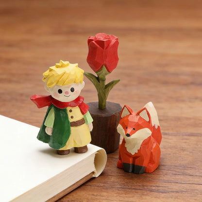 Hand-Carved Solid Wood Fox Figurine for Desk and Home Decor