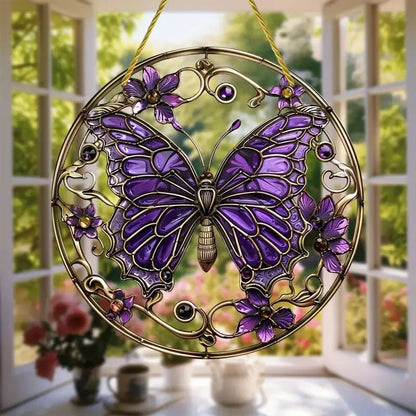 Butterfly Acrylic Suncatcher Hanging Decor – Round Stained Window Art Ornament with Golden Rope