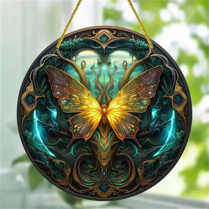 Butterfly Acrylic Suncatcher Hanging Decor – Round Stained Window Art Ornament with Golden Rope