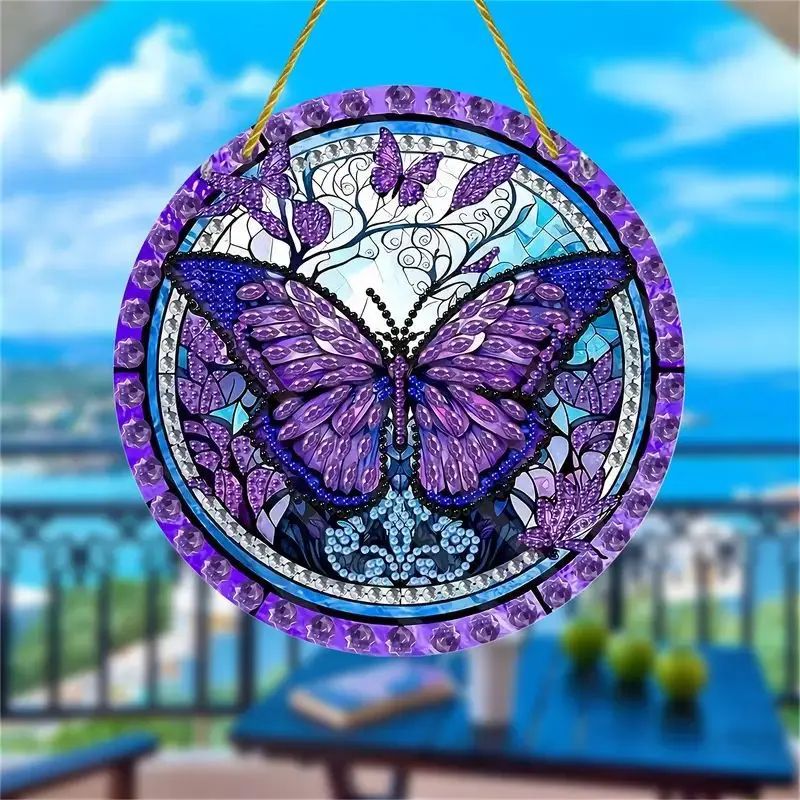 Butterfly Acrylic Suncatcher Hanging Decor – Round Stained Window Art Ornament with Golden Rope