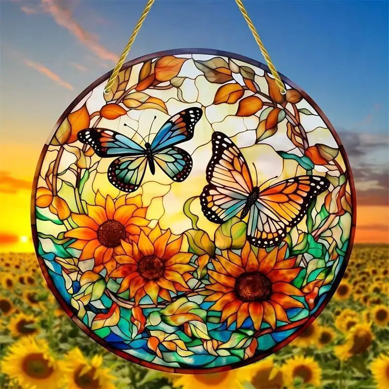 Butterfly Acrylic Suncatcher Hanging Decor – Round Stained Window Art Ornament with Golden Rope
