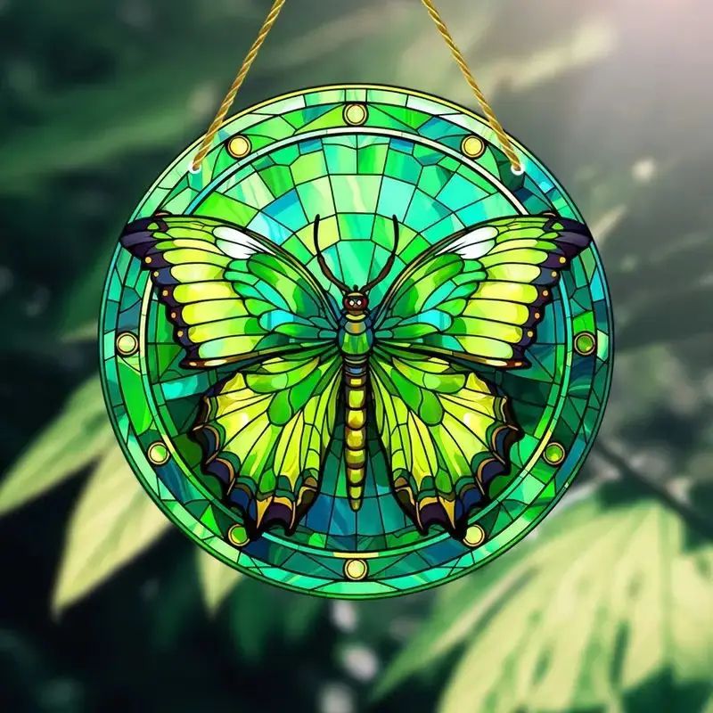Butterfly Acrylic Suncatcher Hanging Decor – Round Stained Window Art Ornament with Golden Rope