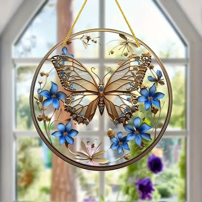 Butterfly Acrylic Suncatcher Hanging Decor – Round Stained Window Art Ornament with Golden Rope