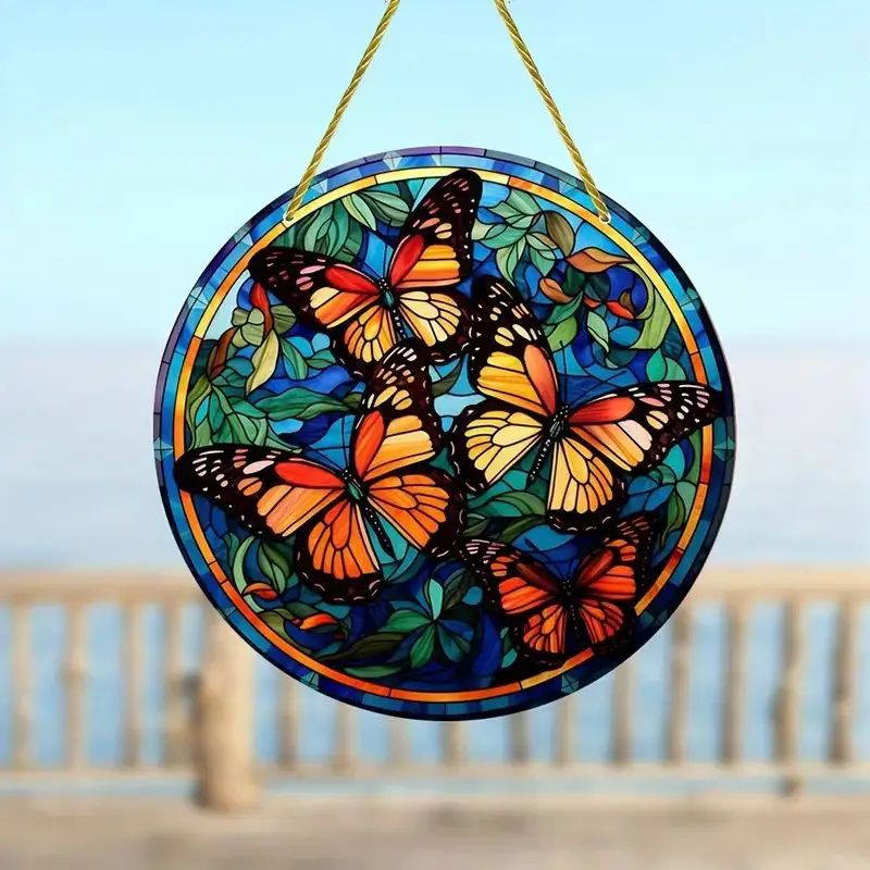 Butterfly Acrylic Suncatcher Hanging Decor – Round Stained Window Art Ornament with Golden Rope