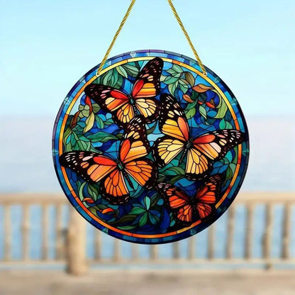 Butterfly Acrylic Suncatcher Hanging Decor – Round Stained Window Art Ornament with Golden Rope