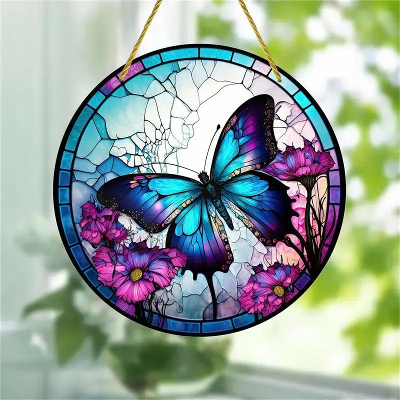 Butterfly Acrylic Suncatcher Hanging Decor – Round Stained Window Art Ornament with Golden Rope