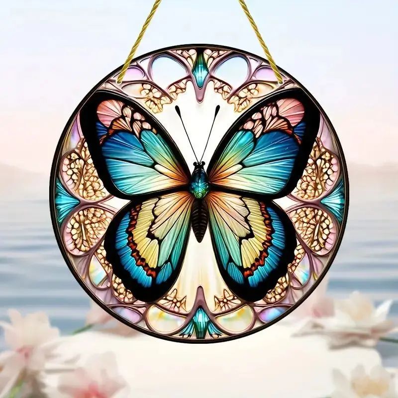 Butterfly Acrylic Suncatcher Hanging Decor – Round Stained Window Art Ornament with Golden Rope