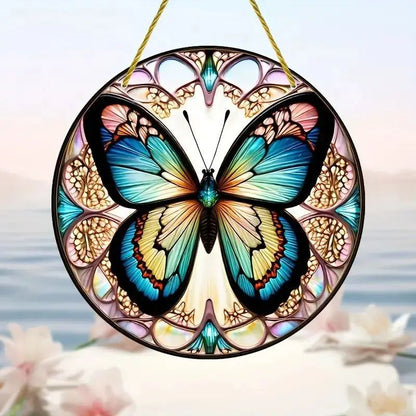 Butterfly Acrylic Suncatcher Hanging Decor – Round Stained Window Art Ornament with Golden Rope