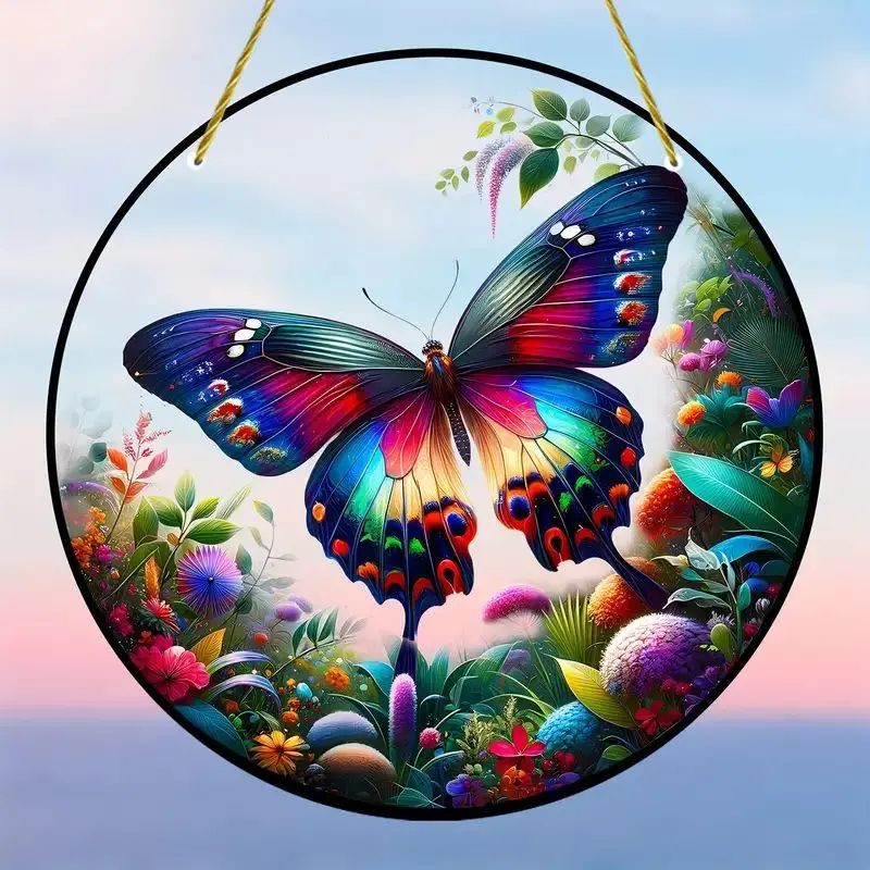 Butterfly Acrylic Suncatcher Hanging Decor – Round Stained Window Art Ornament with Golden Rope