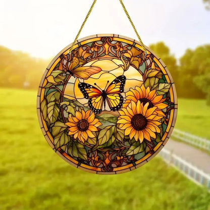 Butterfly Acrylic Suncatcher Hanging Decor – Round Stained Window Art Ornament with Golden Rope