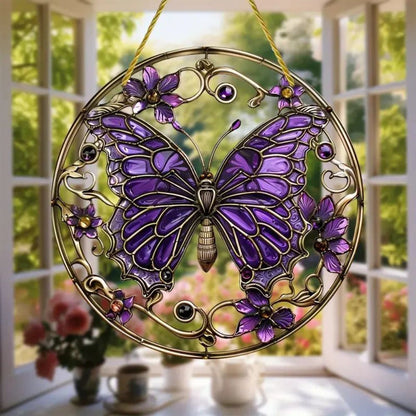 Butterfly Acrylic Suncatcher Hanging Decor – Round Stained Window Art Ornament with Golden Rope