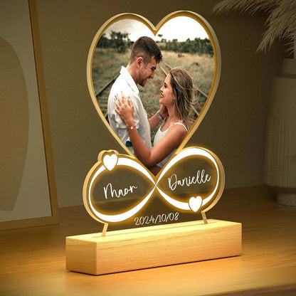 Personalized LED Acrylic Photo Frame – Custom Couple Gift with Wooden Base for Anniversary & Valentine's