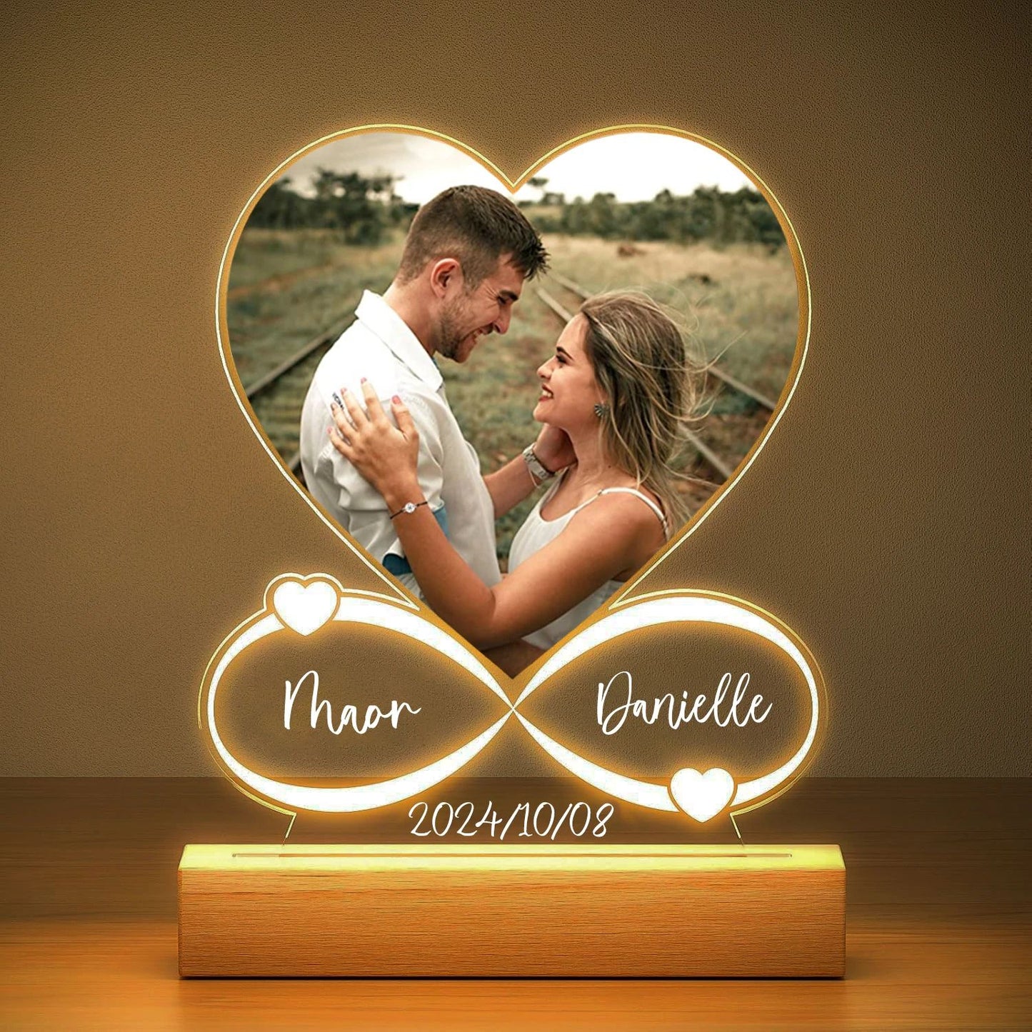 Personalized LED Acrylic Photo Frame – Custom Couple Gift with Wooden Base for Anniversary & Valentine's
