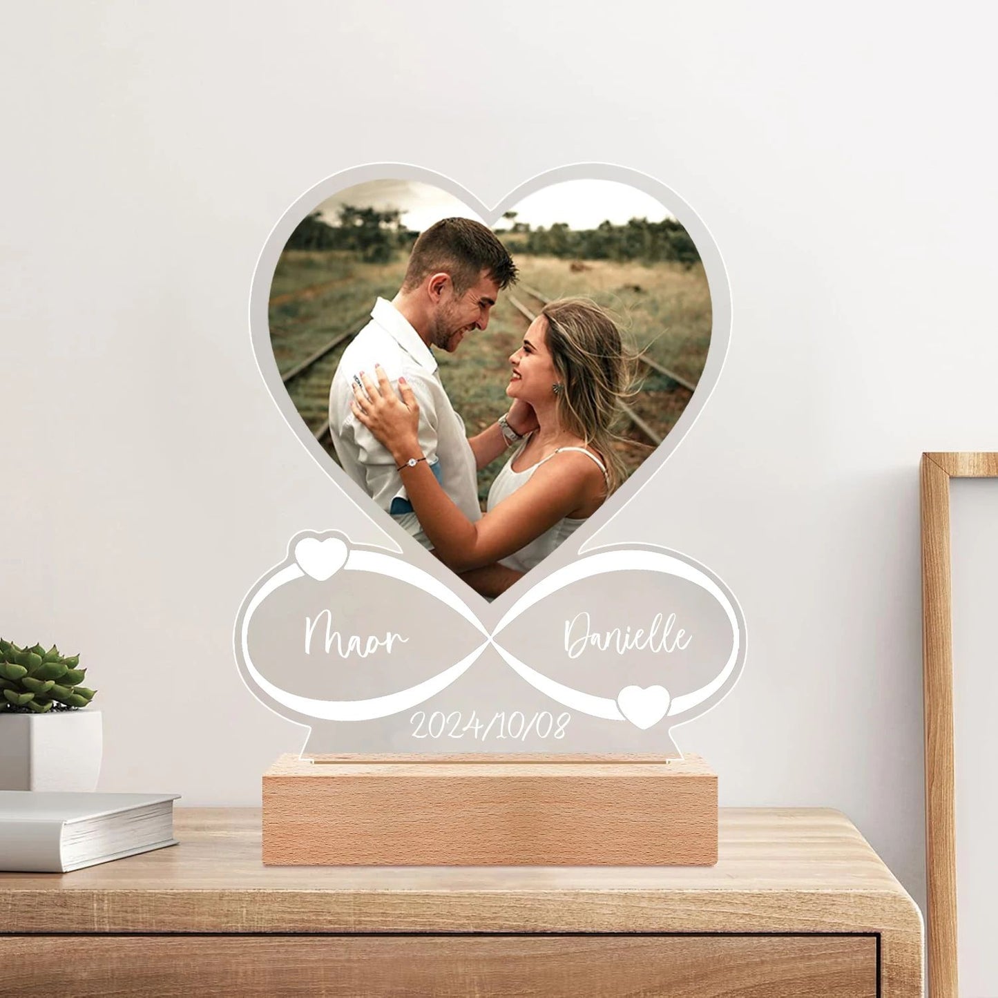 Personalized LED Acrylic Photo Frame – Custom Couple Gift with Wooden Base for Anniversary & Valentine's