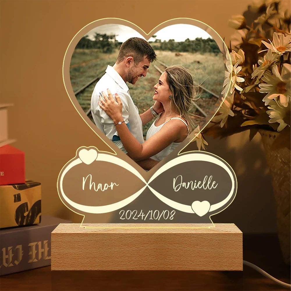 Personalized LED Acrylic Photo Frame – Custom Couple Gift with Wooden Base for Anniversary & Valentine's
