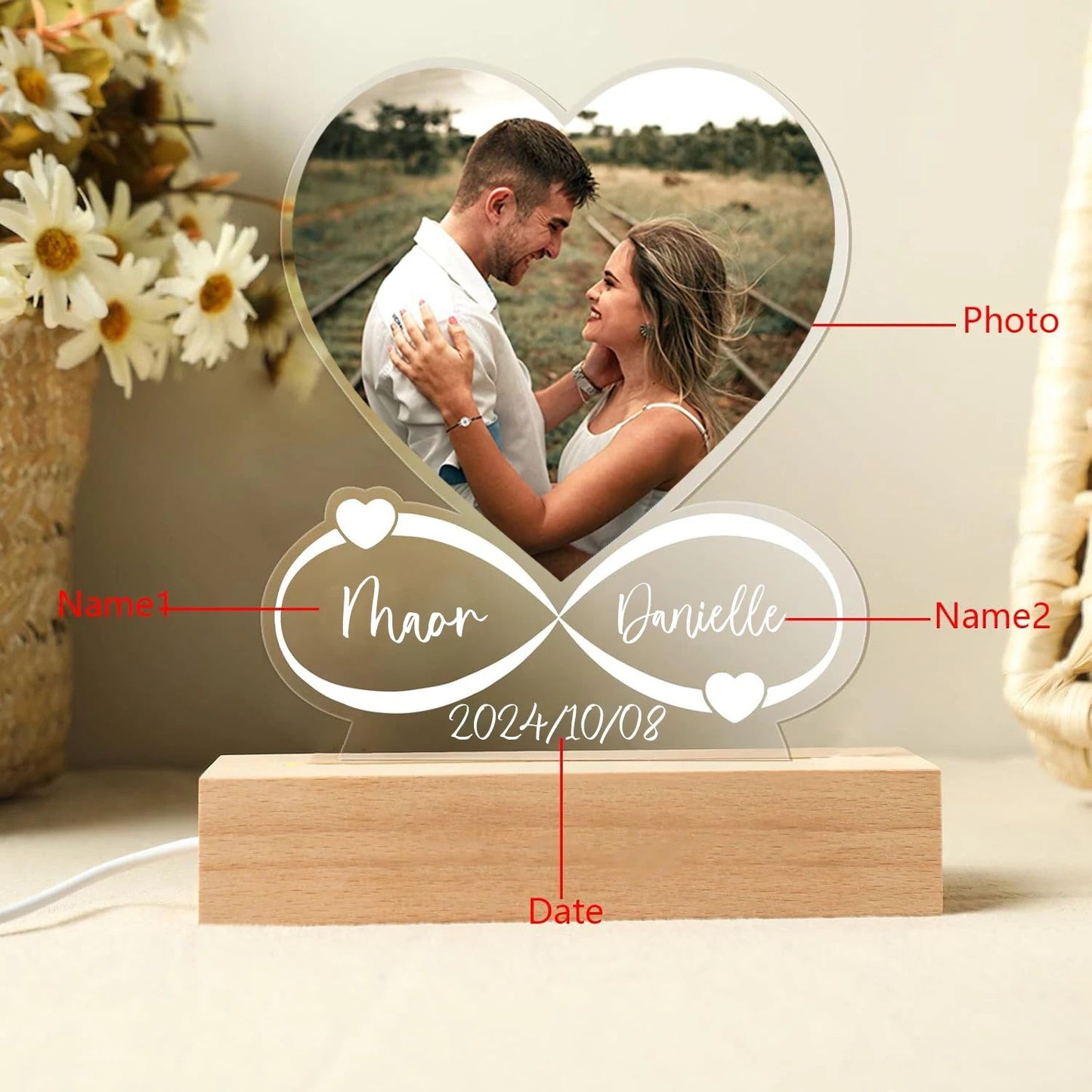 Personalized LED Acrylic Photo Frame – Custom Couple Gift with Wooden Base for Anniversary & Valentine's