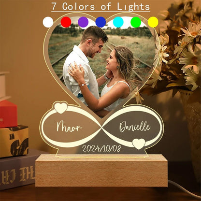 Personalized LED Acrylic Photo Frame – Custom Couple Gift with Wooden Base for Anniversary & Valentine's