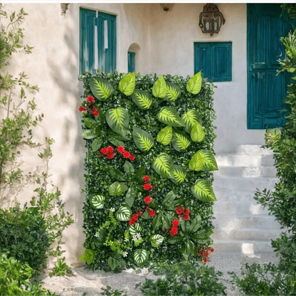 Artificial Grass Wall Panel with Flowers – Lush Greenery Wall Backdrop & Privacy Hedge Screen